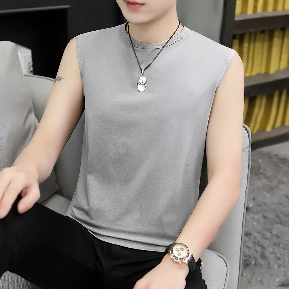 Men Sleeveless Vest Gray Ice Silk Summer Wear - Image 22