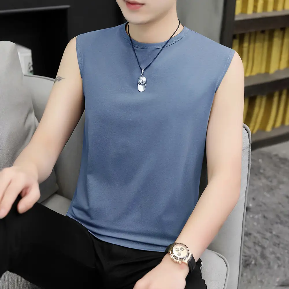 Men Sleeveless Vest Gray Ice Silk Summer Wear - Image 23