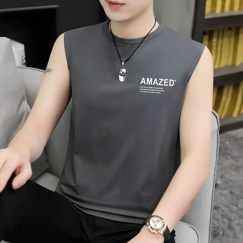 Men Sleeveless Vest Gray Ice Silk Summer Wear - Image 3
