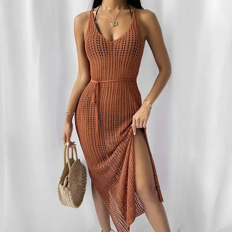 Women Knitted Beach Dress Brown Long Sleeve - Image 12