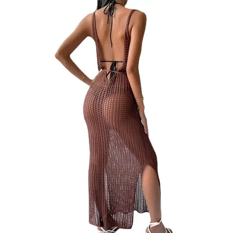 Women Knitted Beach Dress Brown Long Sleeve - Image 15