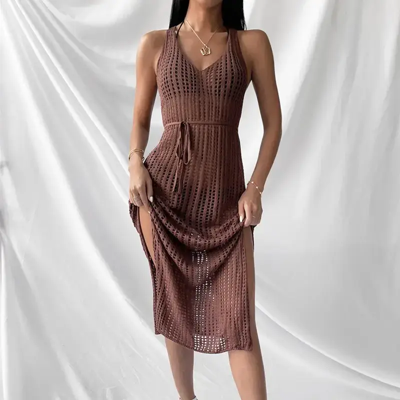 Women Knitted Beach Dress Brown Long Sleeve - Image 4
