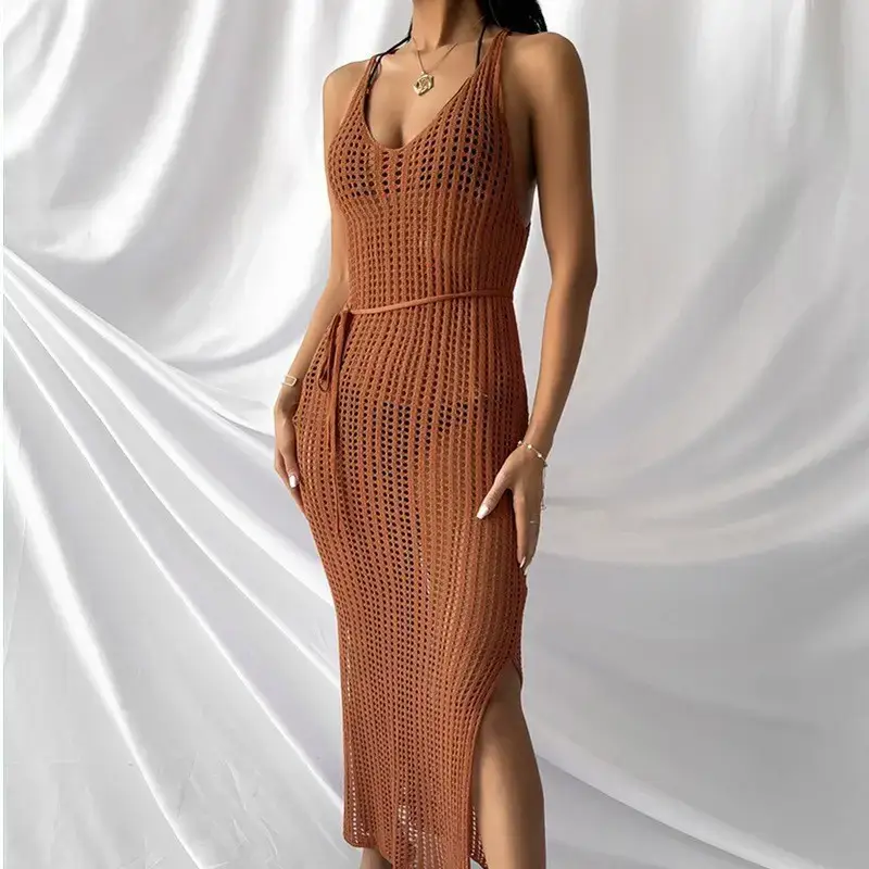 Women Knitted Beach Dress Brown Long Sleeve - Image 5