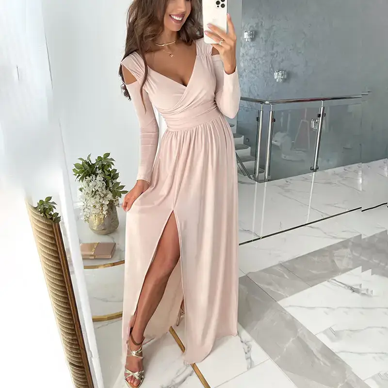 Red Long Sleeve V Neck Slit Dress for Women - Image 6