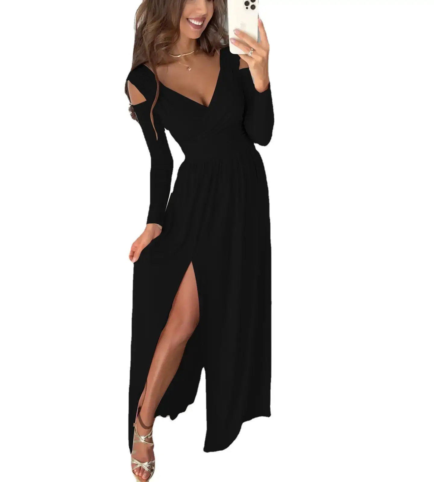 Red Long Sleeve V Neck Slit Dress for Women - Image 10