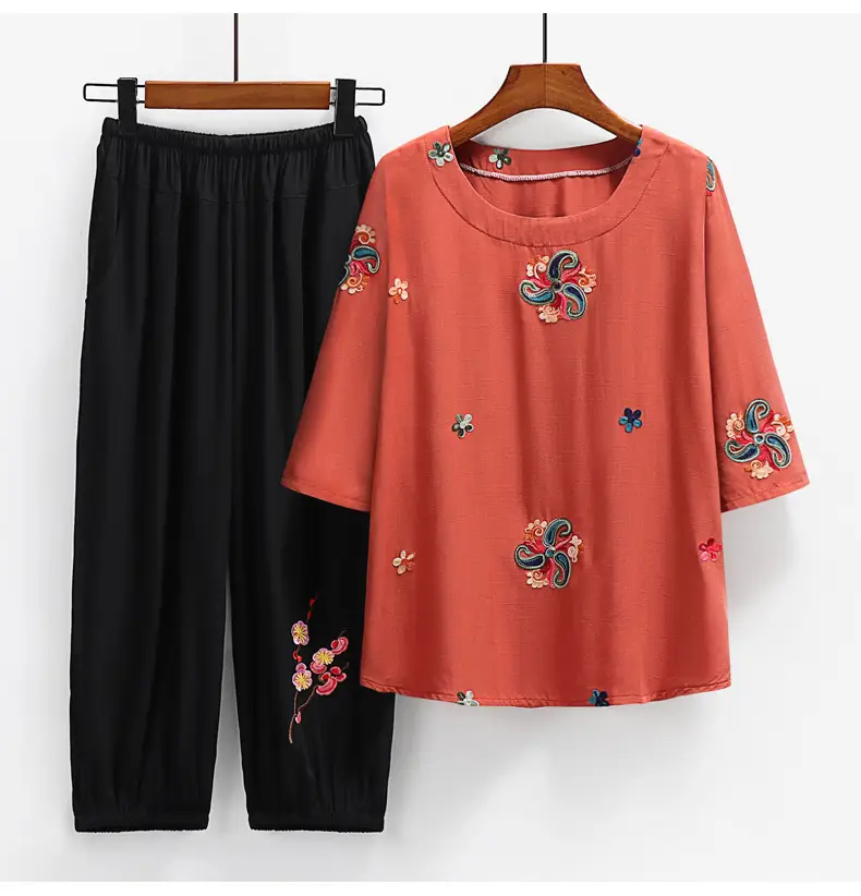Red Embroidered T-Shirt Suit for Women Plus Size — feature 17