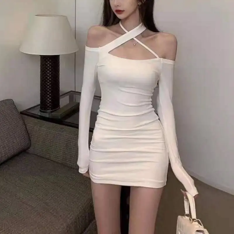 Women's White Halter Neck Slim Fit Skirt Dress
