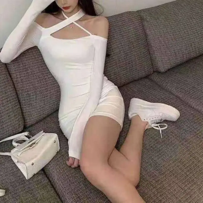 Women's White Halter Neck Slim Fit Skirt Dress — feature 15