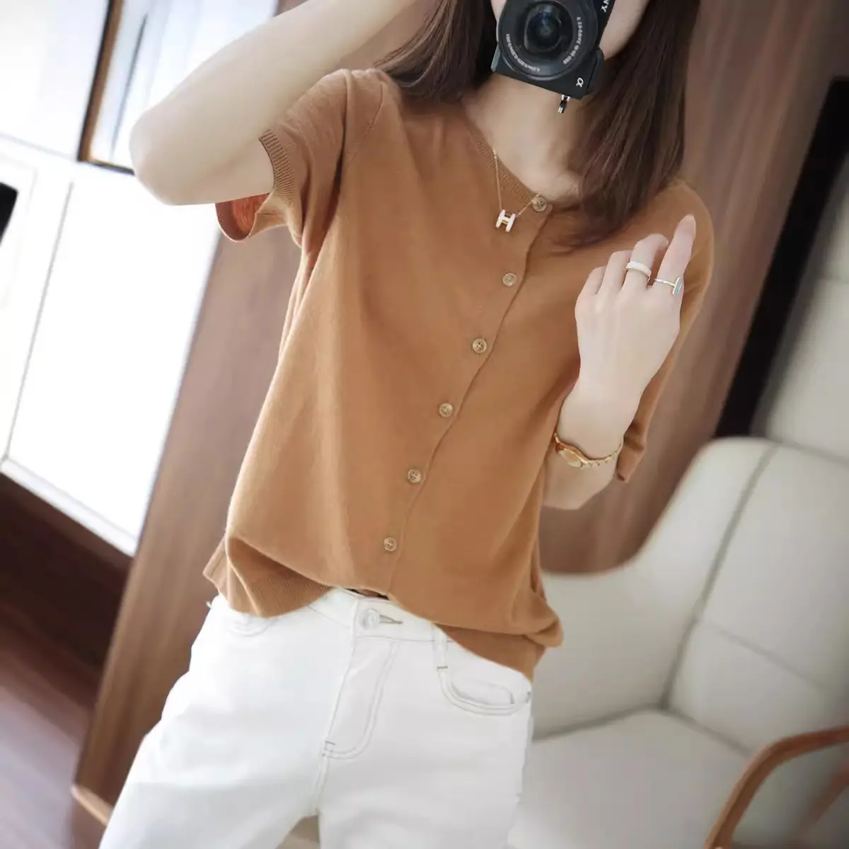 Women Black Silk Knitted Short Sleeve Cardigan with Skirt Top - Image 6