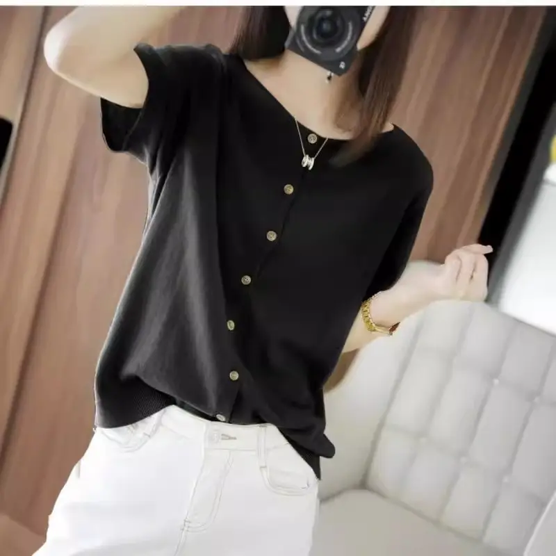Women Black Silk Knitted Short Sleeve Cardigan with Skirt Top - Image 7