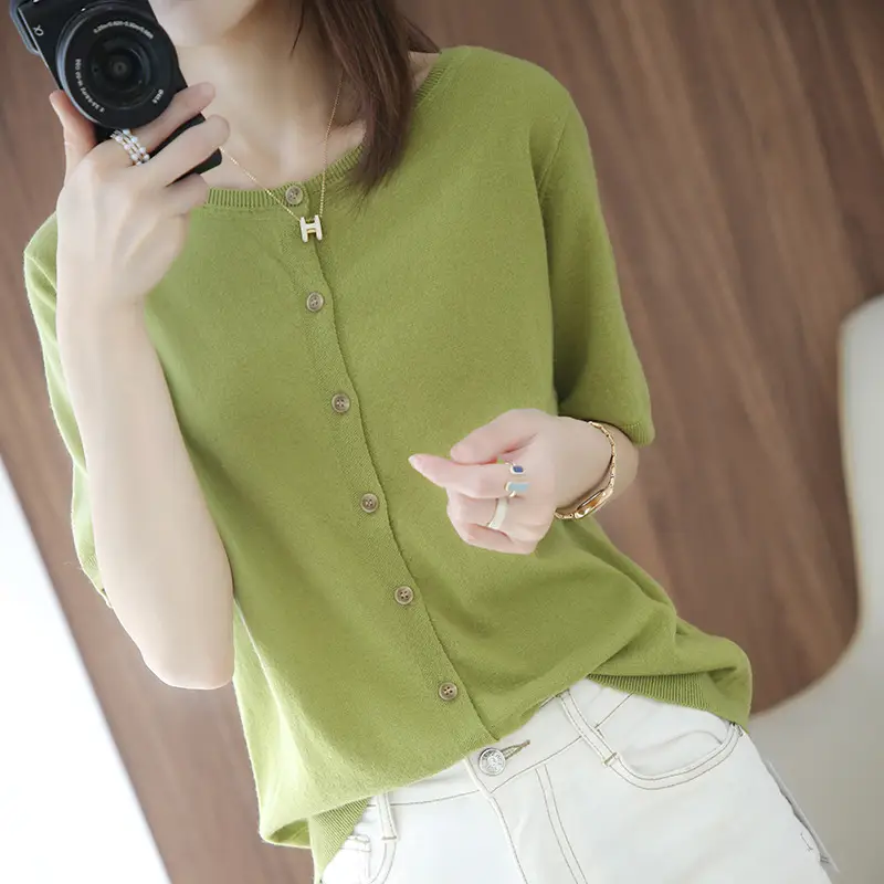 Women Black Silk Knitted Short Sleeve Cardigan with Skirt Top - Image 8