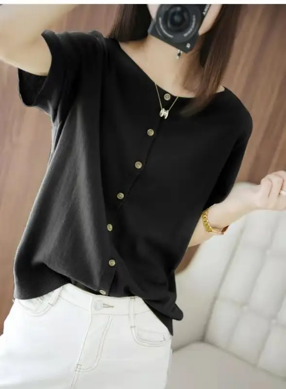 Women Black Silk Knitted Short Sleeve Cardigan with Skirt Top - Image 3
