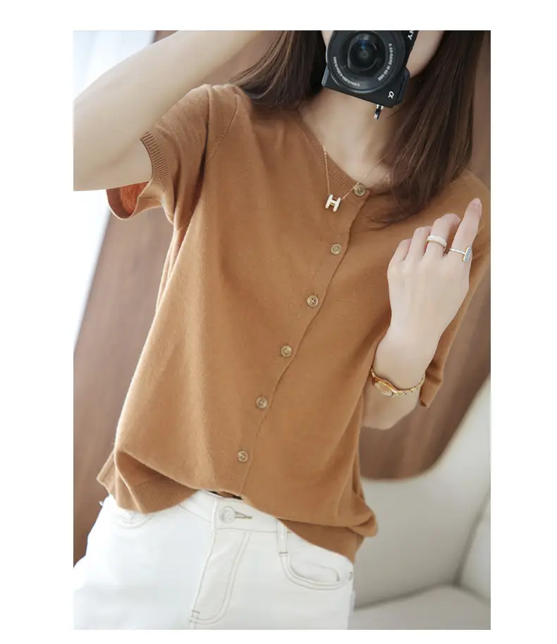 Women Black Silk Knitted Short Sleeve Cardigan with Skirt Top - Image 4
