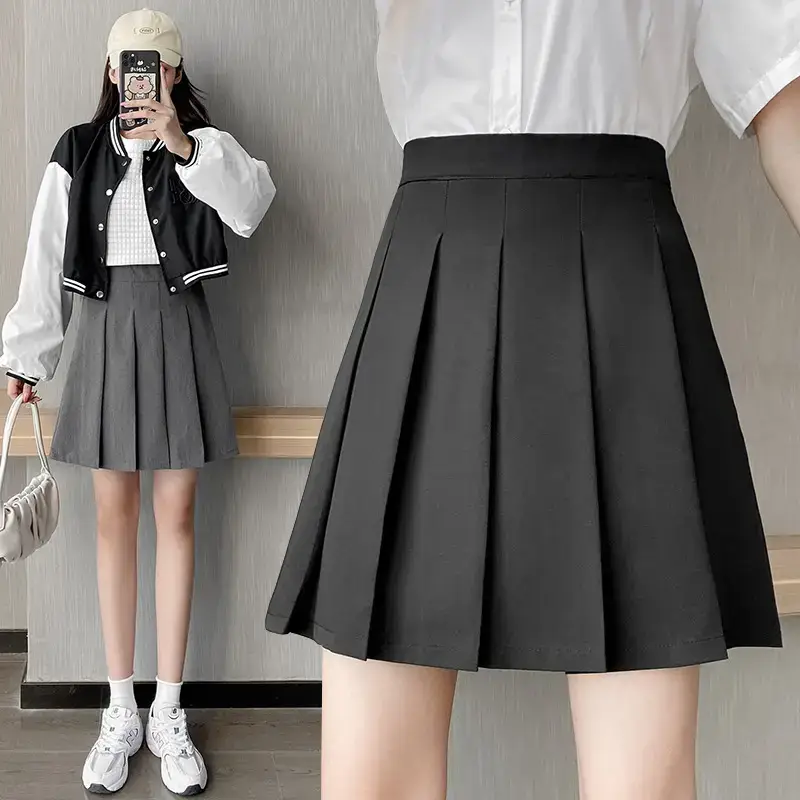 Japanese Pleated Skirt for Women, Grey, Elastic Waist, Slimming A-Line - Image 6