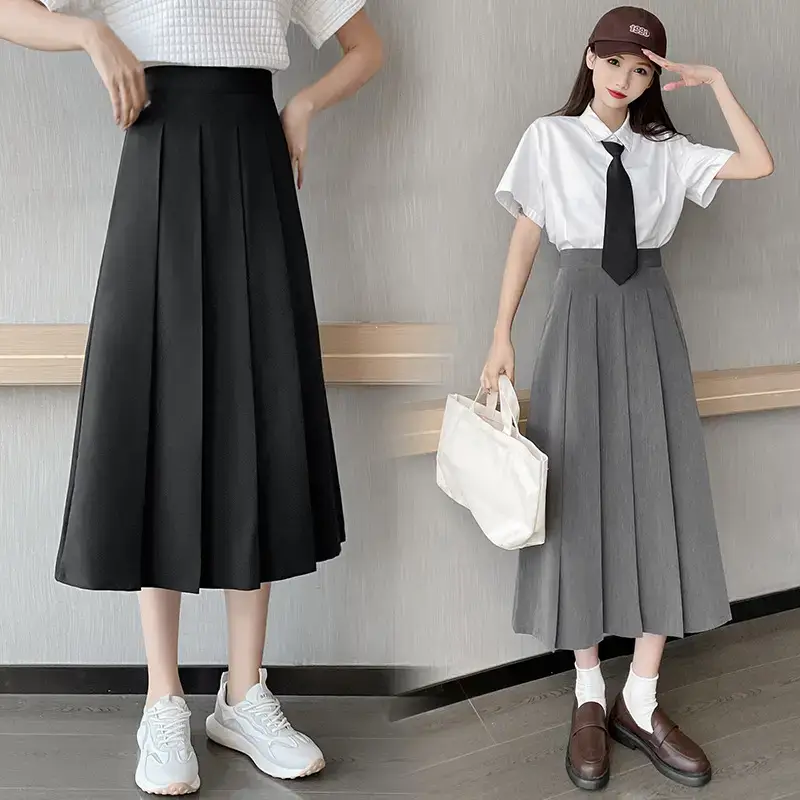 Japanese Pleated Skirt for Women, Grey, Elastic Waist, Slimming A-Line - Image 7