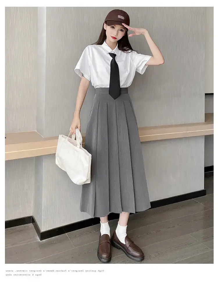 Japanese Pleated Skirt for Women, Grey, Elastic Waist, Slimming A-Line — feature 10