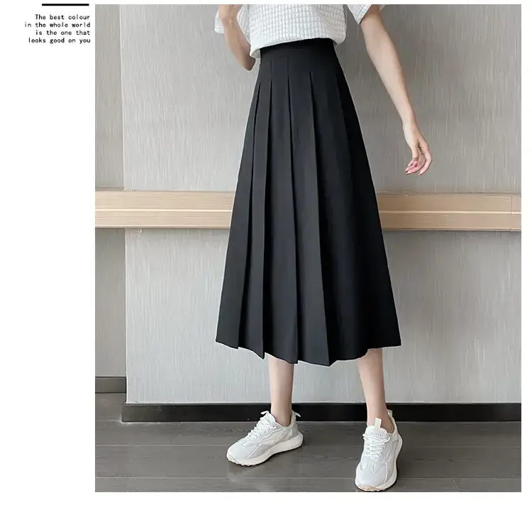 Japanese Pleated Skirt for Women, Grey, Elastic Waist, Slimming A-Line — feature 11