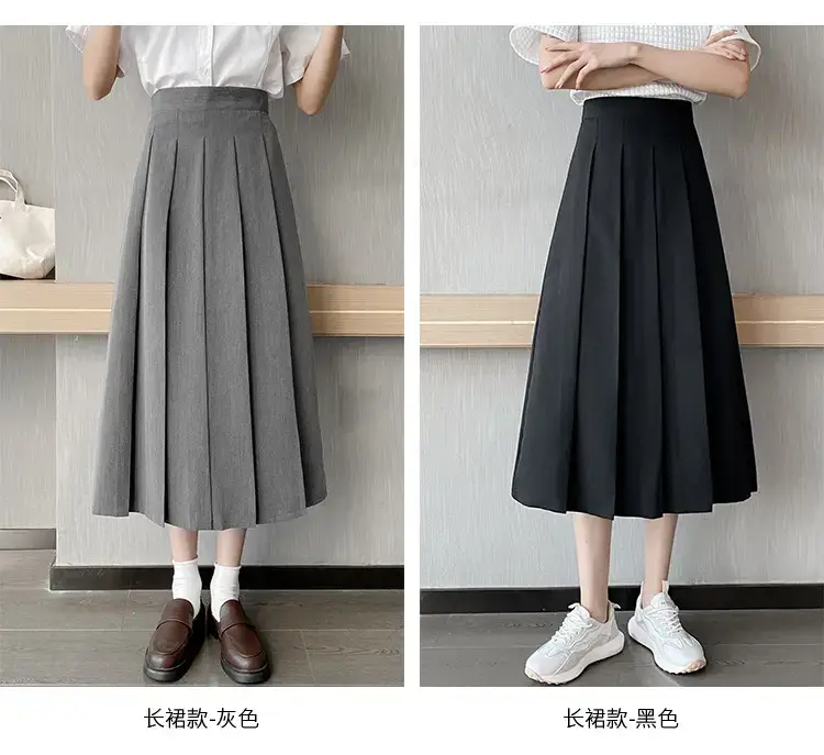 Japanese Pleated Skirt for Women, Grey, Elastic Waist, Slimming A-Line — feature 5