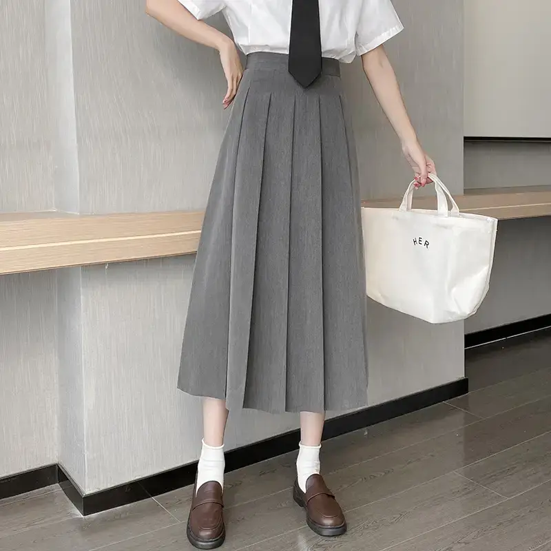 Japanese Pleated Skirt for Women, Grey, Elastic Waist, Slimming A-Line - Image 4