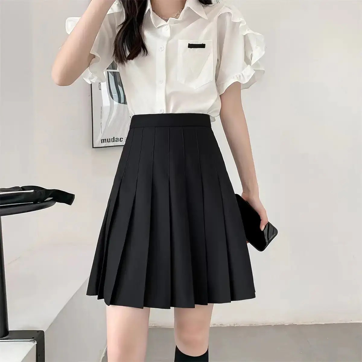 Black Pleated Skirt High Waist Junior High School — feature 11