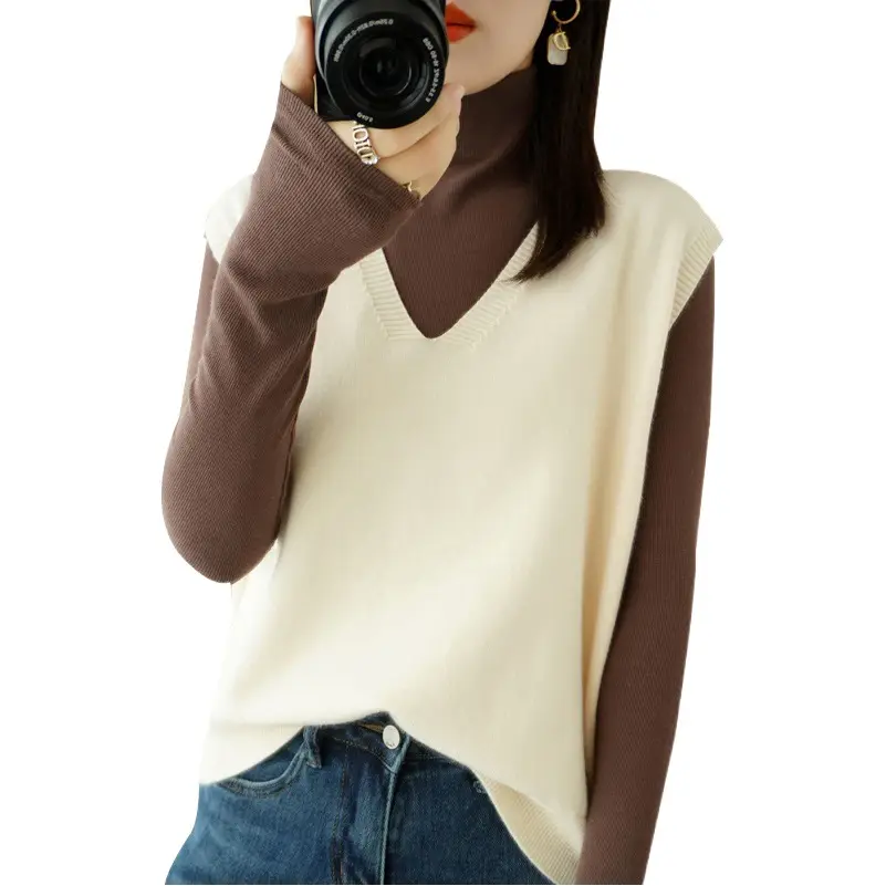 New Women's Blue V-Neck Knitted Vest Pullover