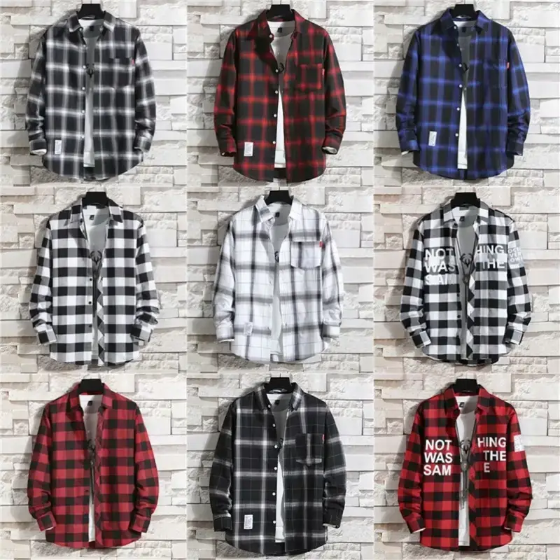 Men's 2020 Plaid Long Sleeve Shirt Grey - Image 23