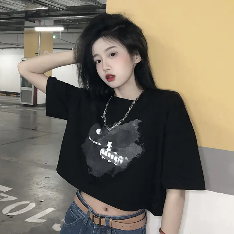Women Short Crop T-Shirt White Blue Print Summer Wear - Image 3