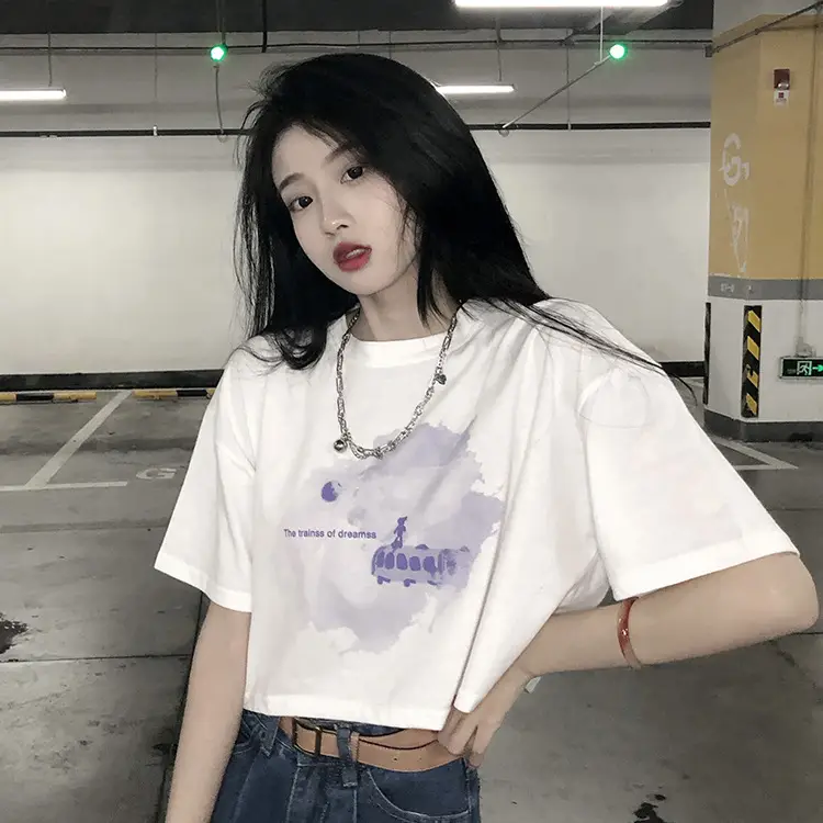 Women Short Crop T-Shirt White Blue Print Summer Wear - Image 4