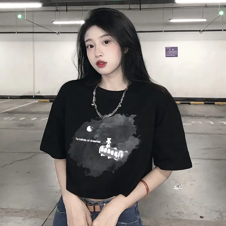 Women Short Crop T-Shirt White Blue Print Summer Wear - Image 5