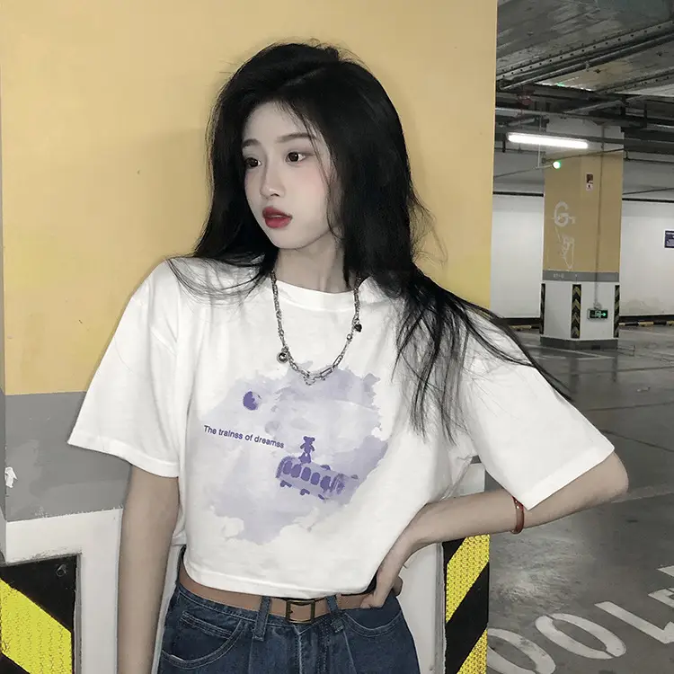 Women Short Crop T-Shirt White Blue Print Summer Wear - Image 6