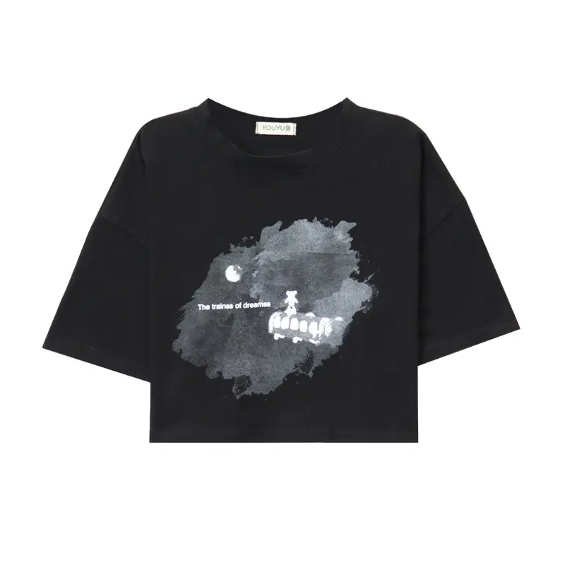 Women Short Crop T-Shirt White Blue Print Summer Wear - Image 7
