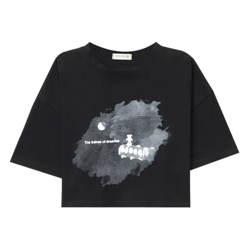 Women Short Crop T-Shirt White Blue Print Summer Wear