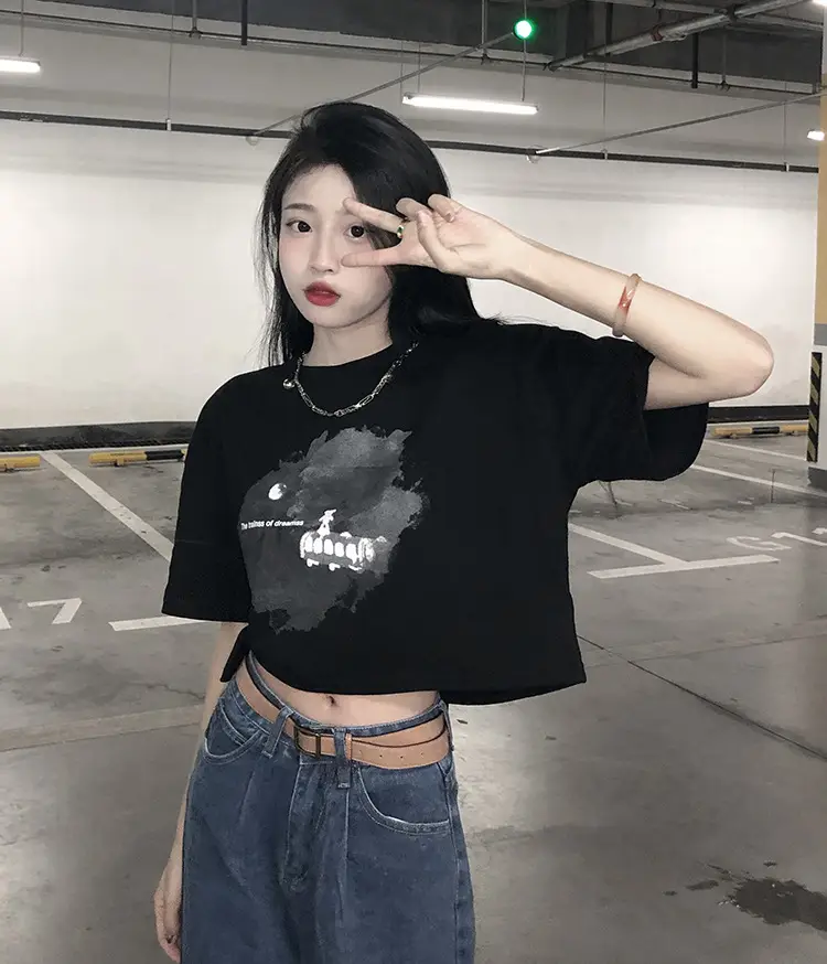 Women Short Crop T-Shirt White Blue Print Summer Wear — feature 10