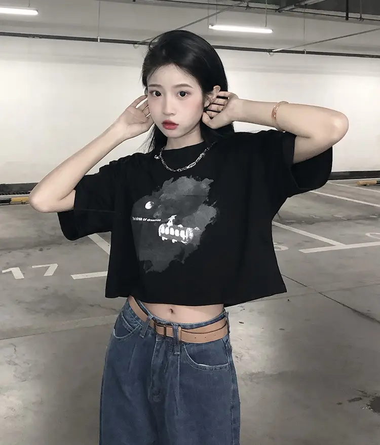 Women Short Crop T-Shirt White Blue Print Summer Wear — feature 11