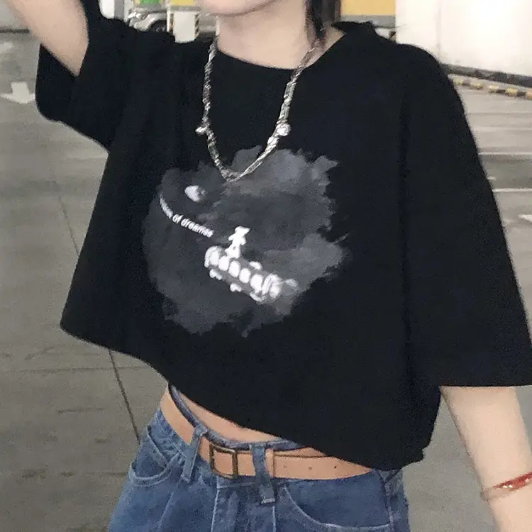 Women Short Crop T-Shirt White Blue Print Summer Wear — feature 12