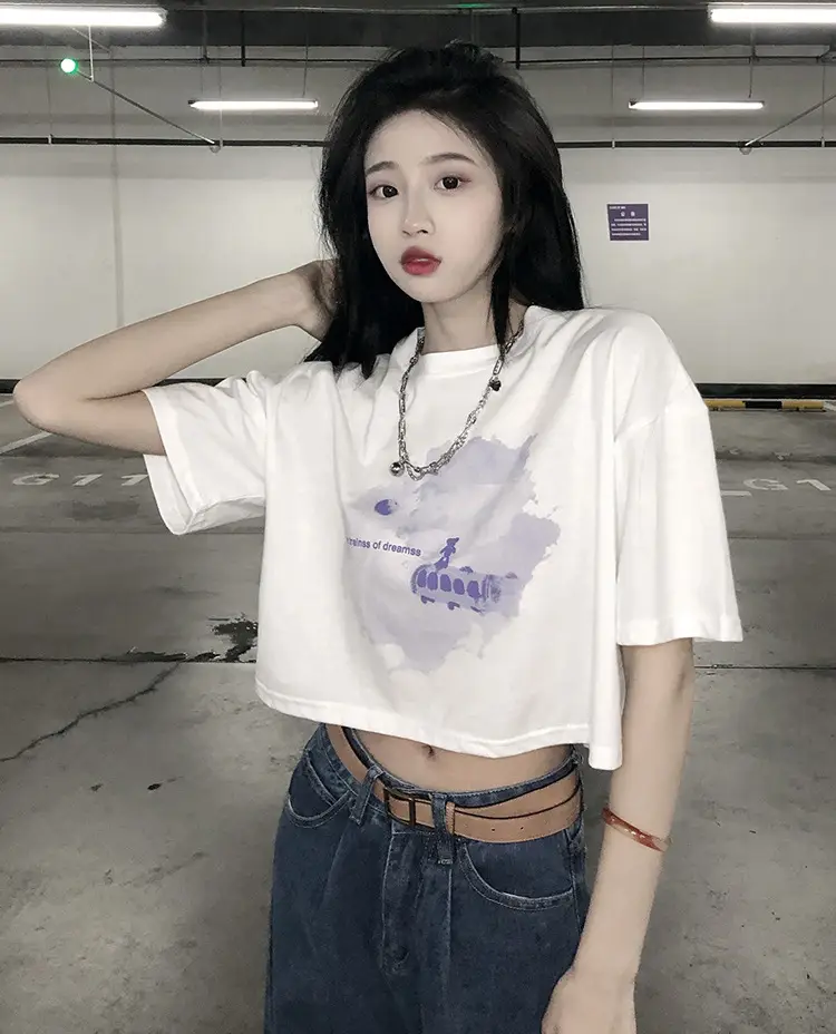 Women Short Crop T-Shirt White Blue Print Summer Wear — feature 13