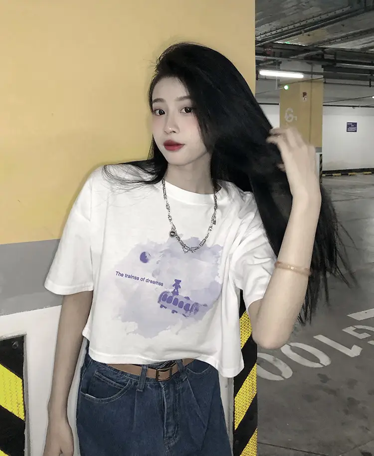 Women Short Crop T-Shirt White Blue Print Summer Wear — feature 14