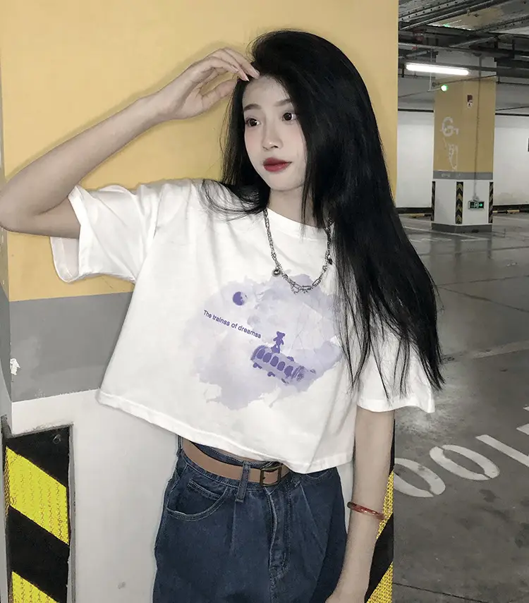 Women Short Crop T-Shirt White Blue Print Summer Wear — feature 15