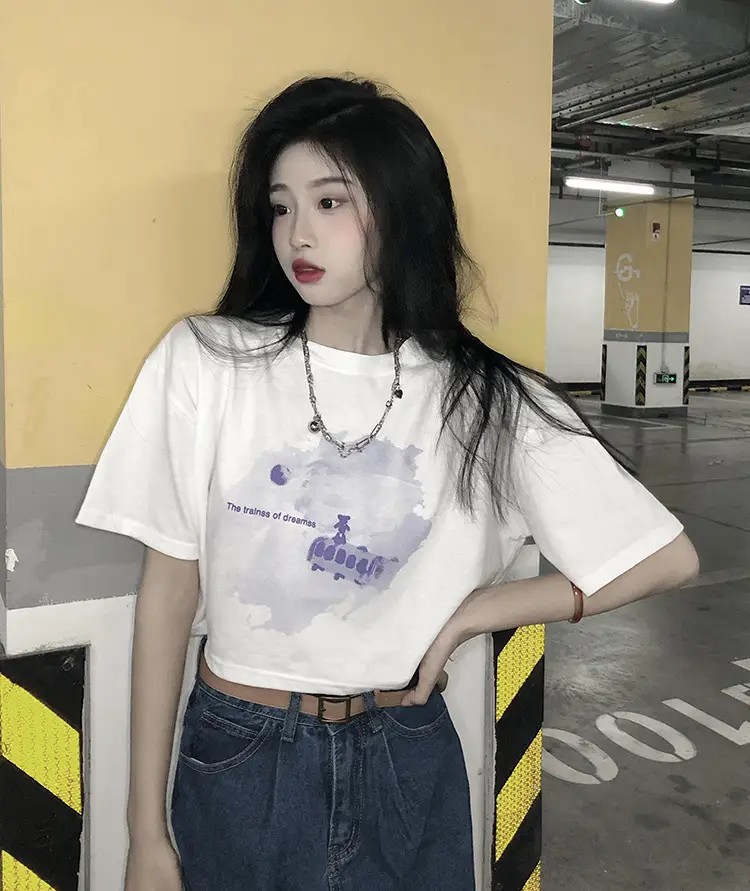 Women Short Crop T-Shirt White Blue Print Summer Wear — feature 16