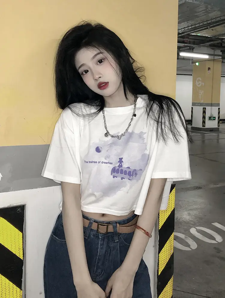 Women Short Crop T-Shirt White Blue Print Summer Wear — feature 17