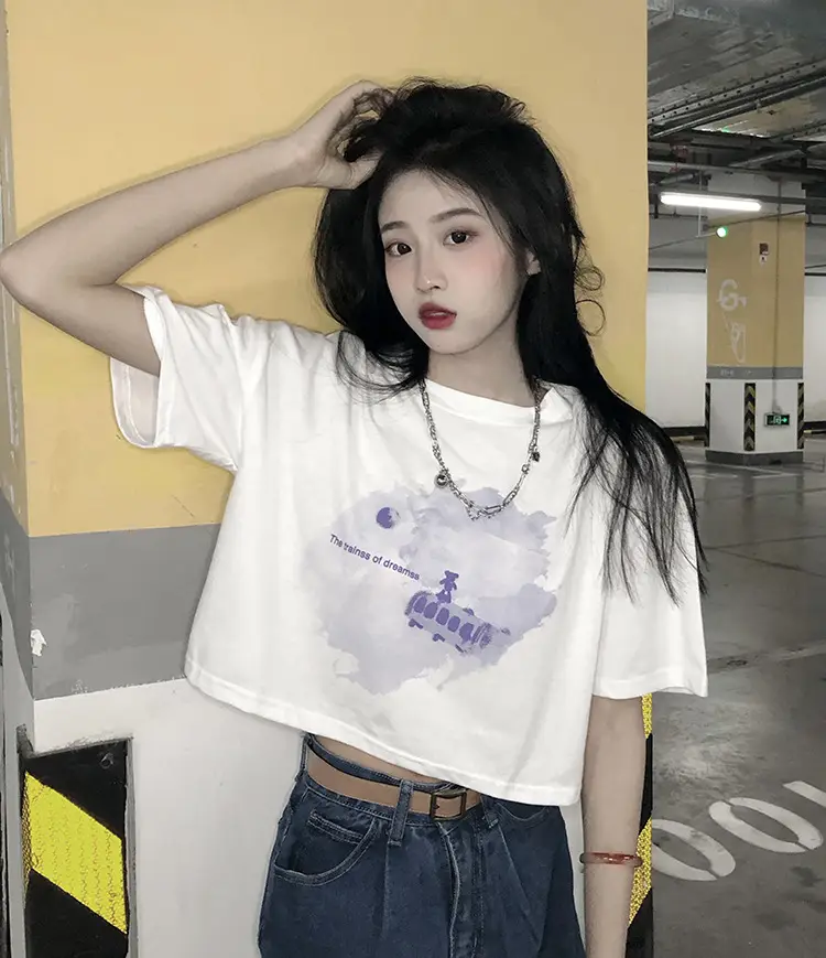 Women Short Crop T-Shirt White Blue Print Summer Wear — feature 18