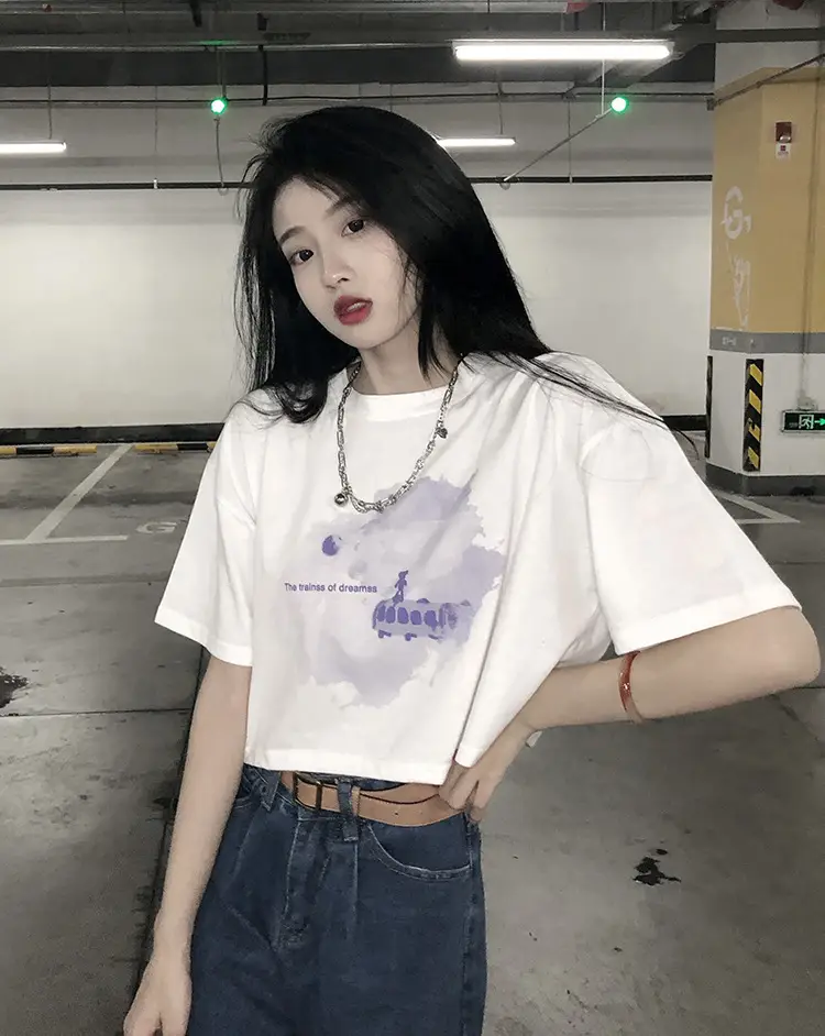 Women Short Crop T-Shirt White Blue Print Summer Wear — feature 19