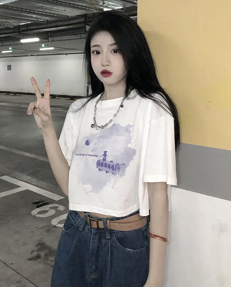 Women Short Crop T-Shirt White Blue Print Summer Wear — feature 20