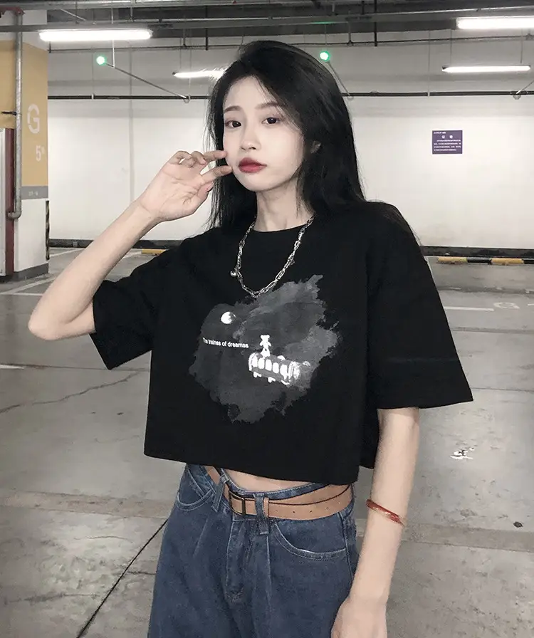 Women Short Crop T-Shirt White Blue Print Summer Wear — feature 3