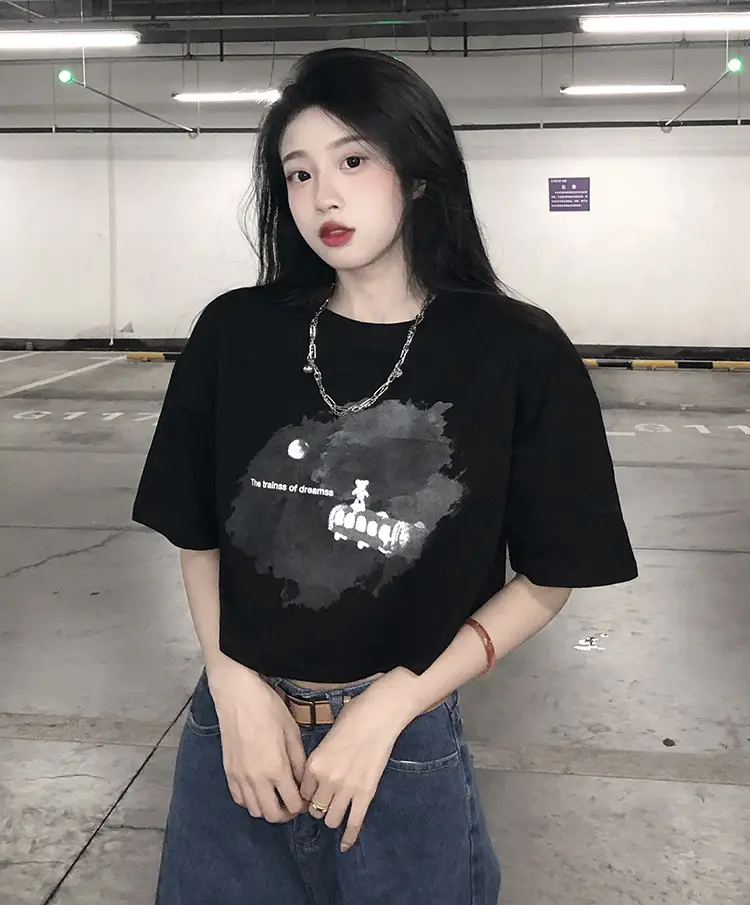Women Short Crop T-Shirt White Blue Print Summer Wear — feature 5
