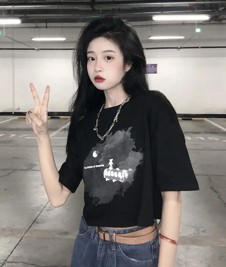 Women Short Crop T-Shirt White Blue Print Summer Wear — feature 6