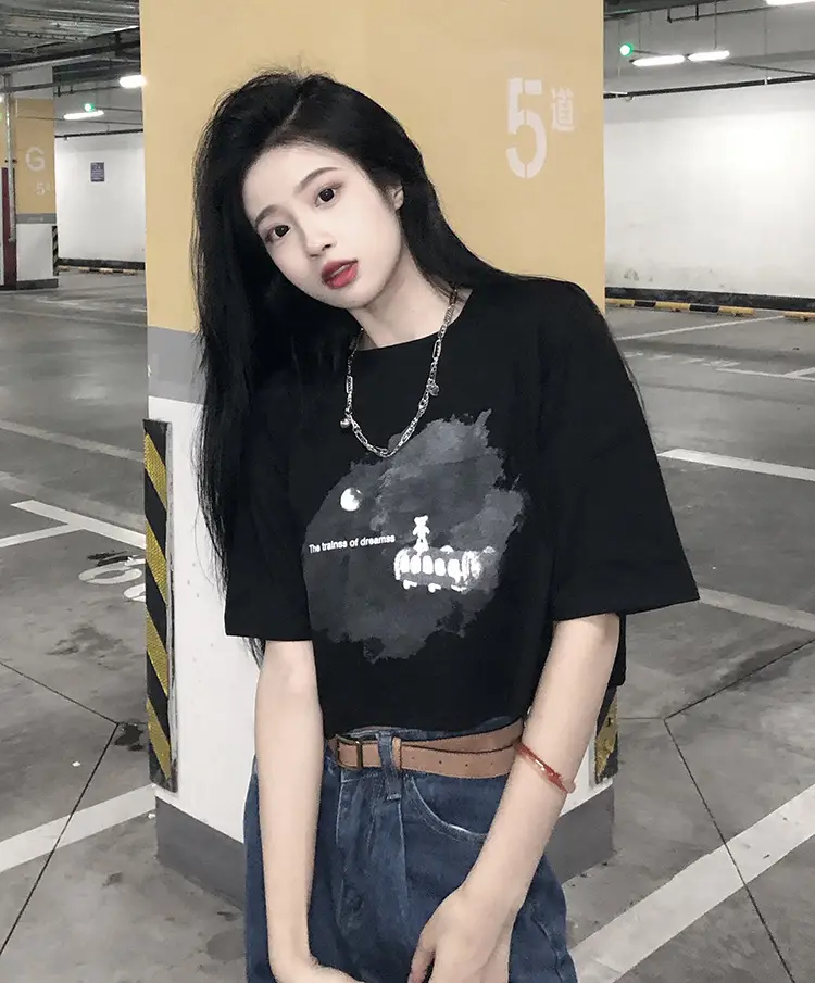 Women Short Crop T-Shirt White Blue Print Summer Wear — feature 7