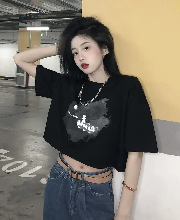 Women Short Crop T-Shirt White Blue Print Summer Wear — feature 8