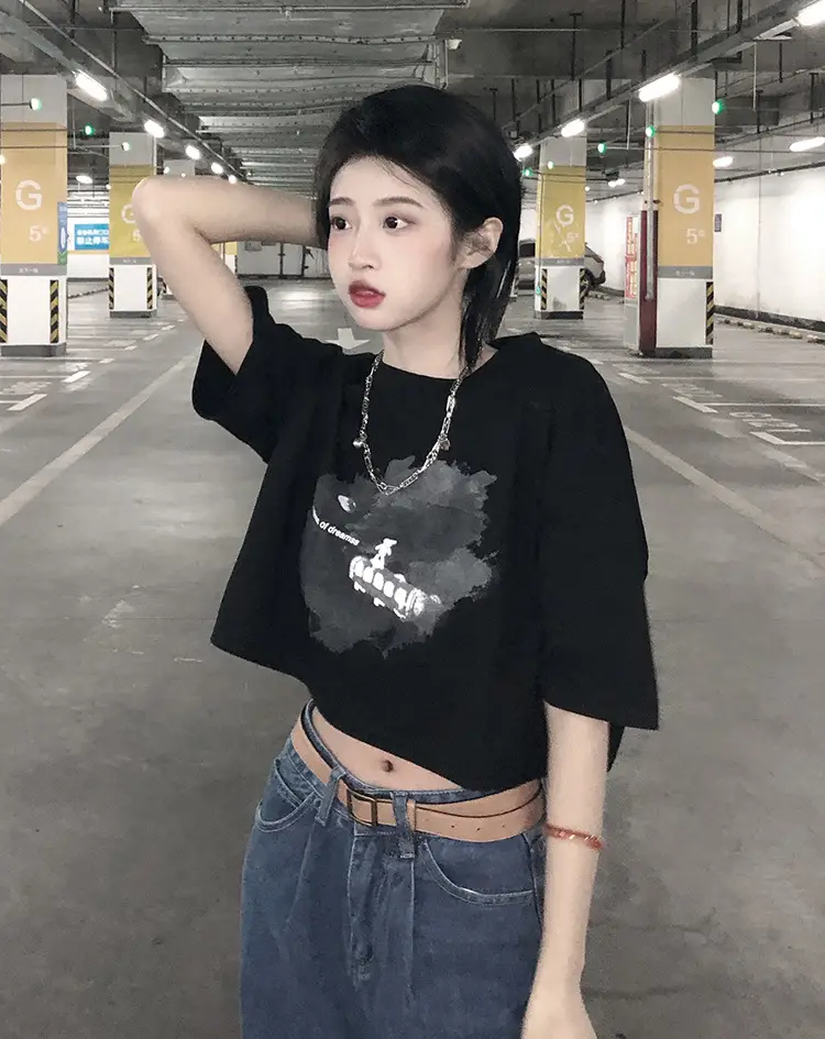 Women Short Crop T-Shirt White Blue Print Summer Wear — feature 9