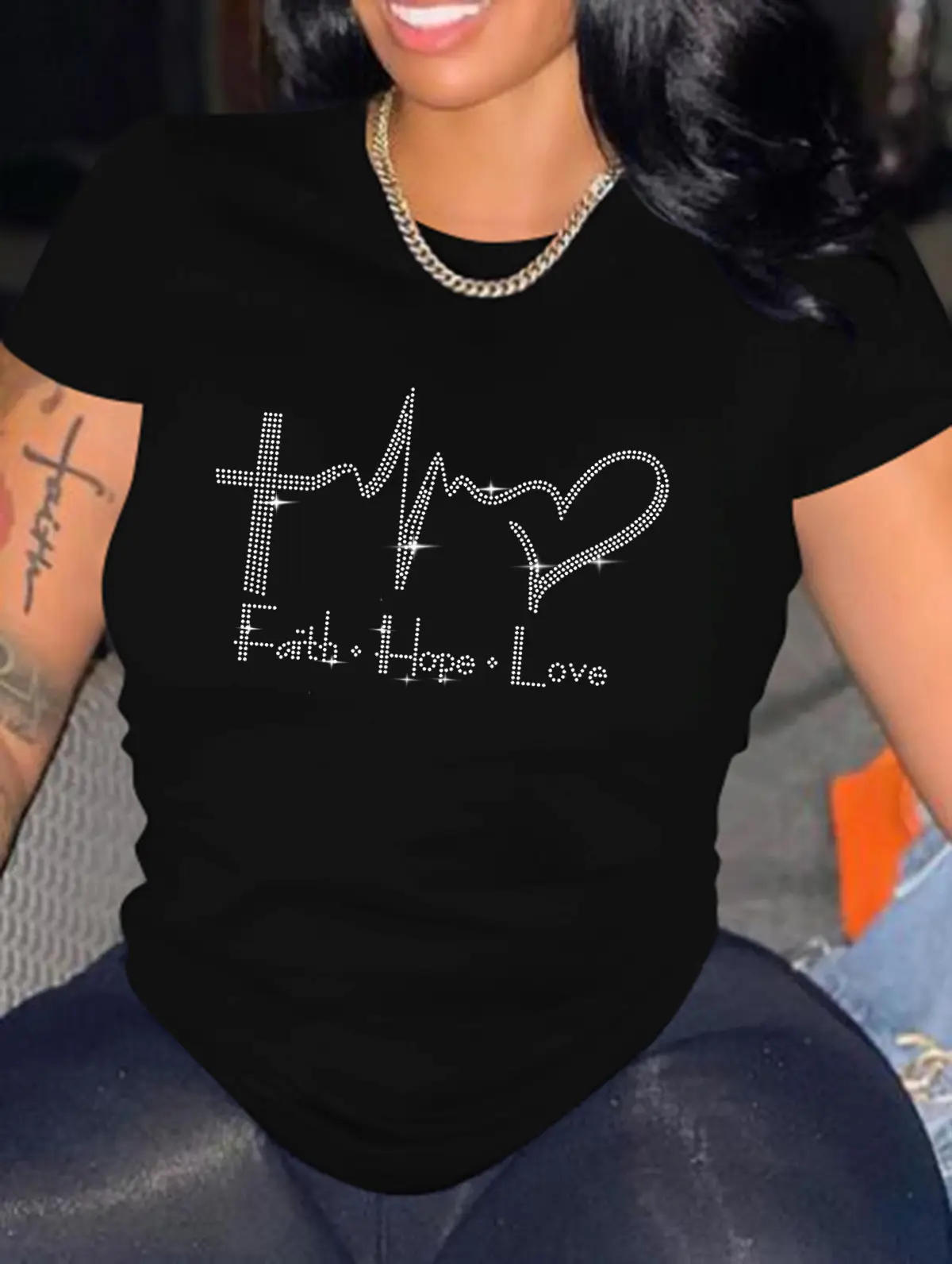 Red Rhinestone T-Shirt with "Path + Hope + Love" Design - Image 4